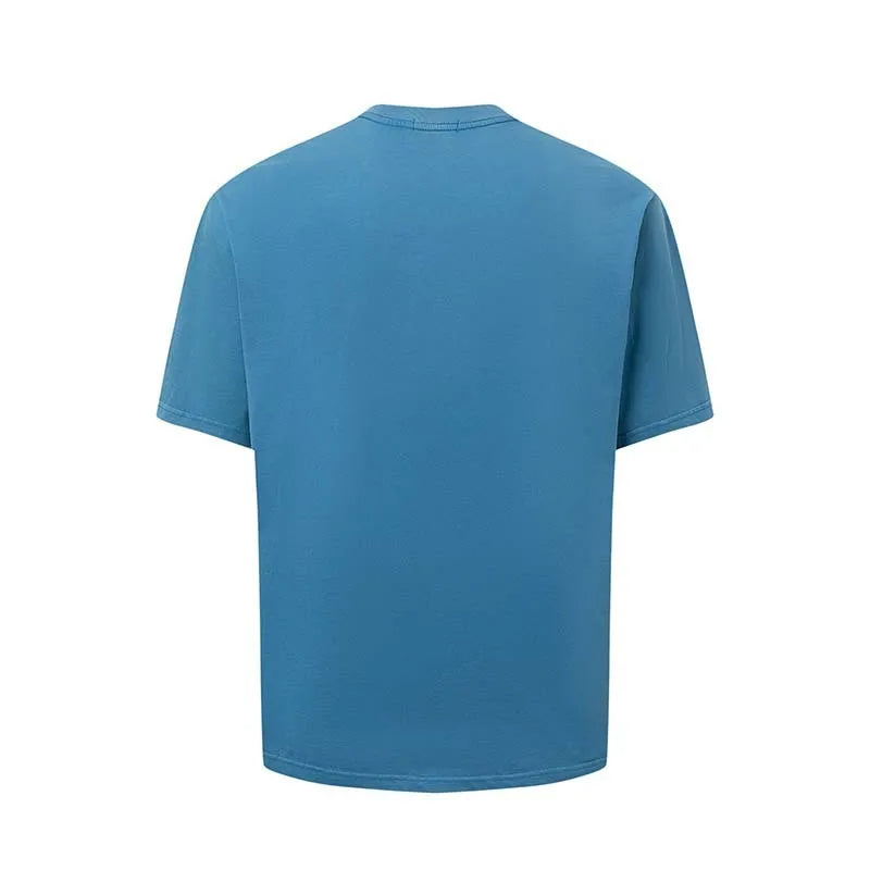 Men's loose fit blue t-shirt with white American retro letter print on the front.