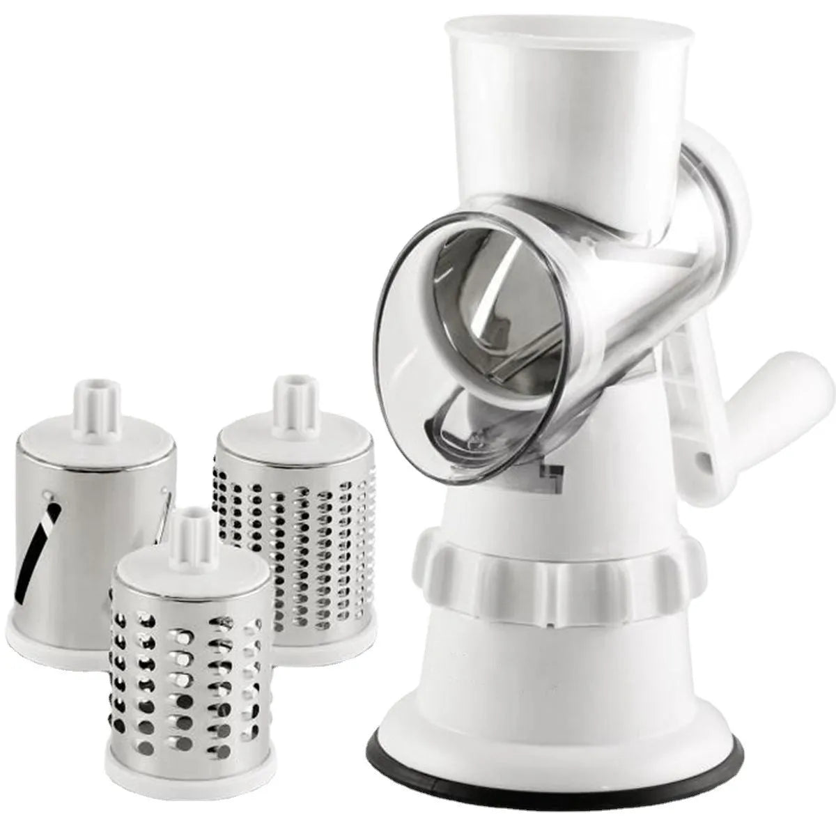 White 3-in-1 manual vegetable slicer and grater with suction feet on a kitchen counter.