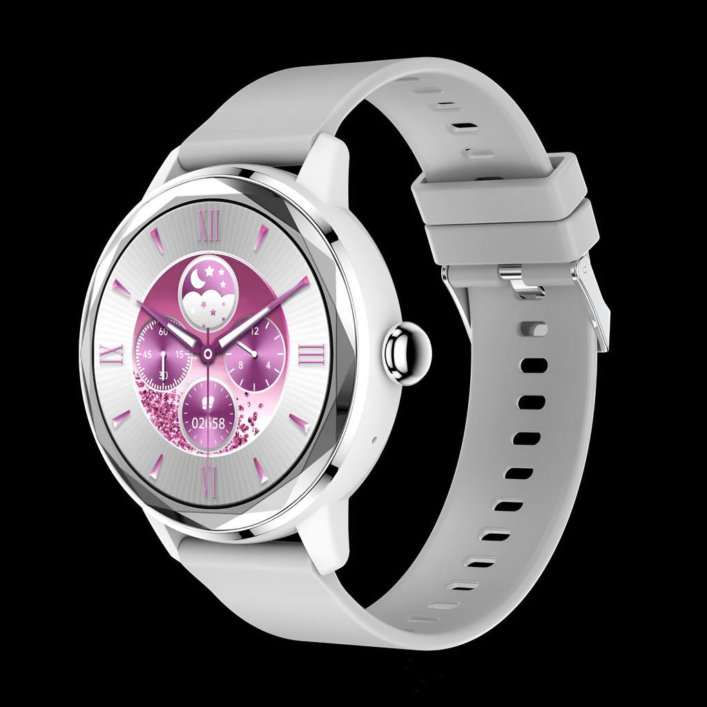 Ladies smart watch in rose red showing heart rate and blood oxygen monitoring on TFT screen