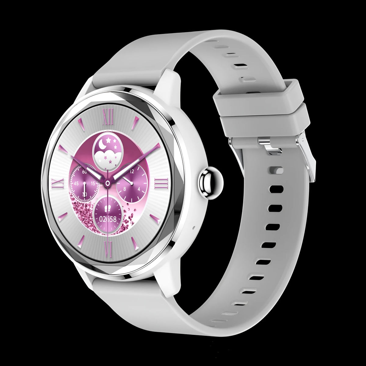 Ladies smart watch in rose red showing heart rate and blood oxygen monitoring on TFT screen