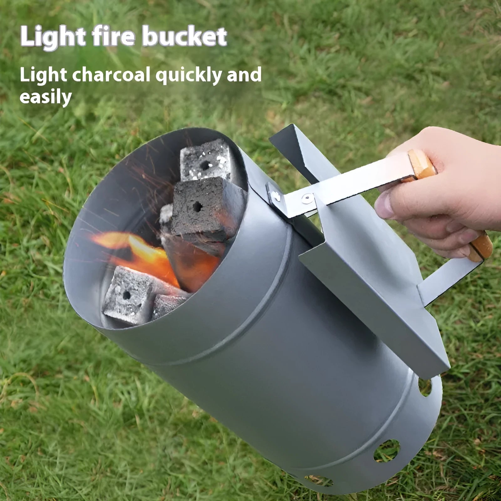 Zinc-iron alloy charcoal fire starter bucket with oven igniter for outdoor barbecues