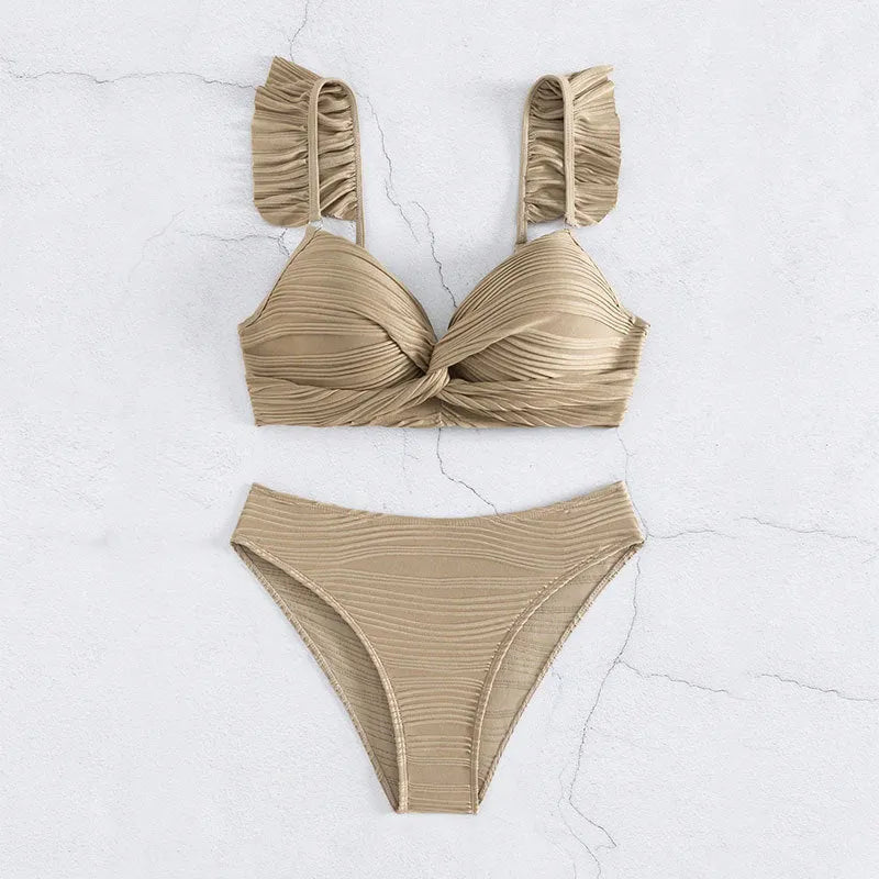 Women's solid colour bikini swimsuit set in black or khaki available in sizes S M L XL