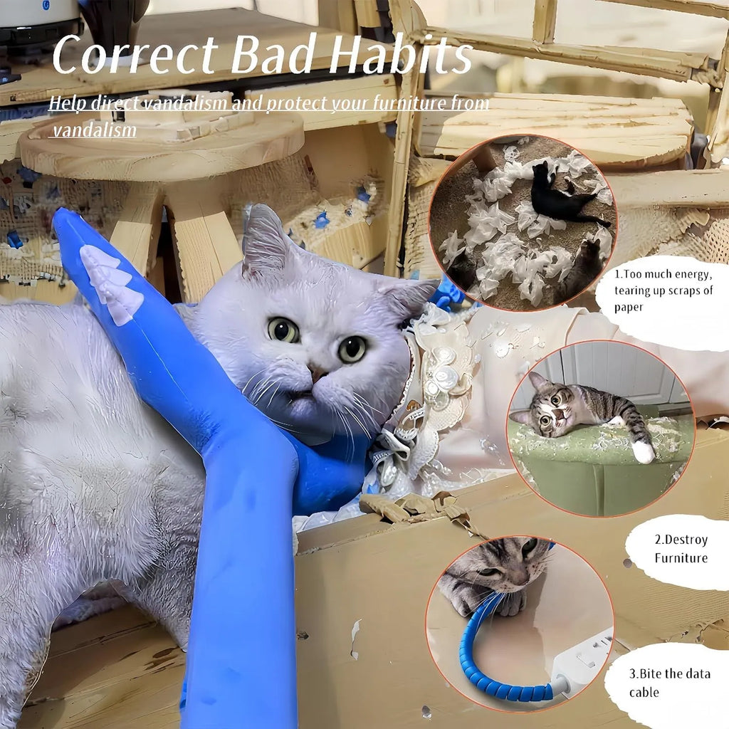 Blue plush cat wand toy extended to 70cm length with foam-filled front section