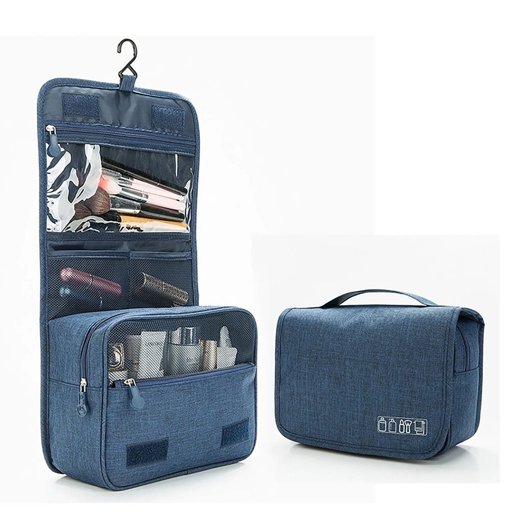 Waterproof nylon hanging toiletry bag with four zippered compartments and swivel hook, available in six colours.