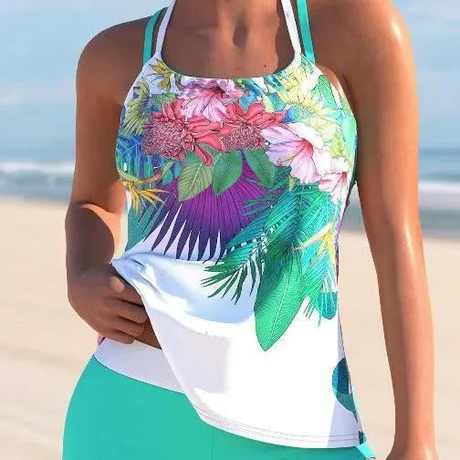 Women's floral print swimsuit with chest pad in purple red colour, two-piece design