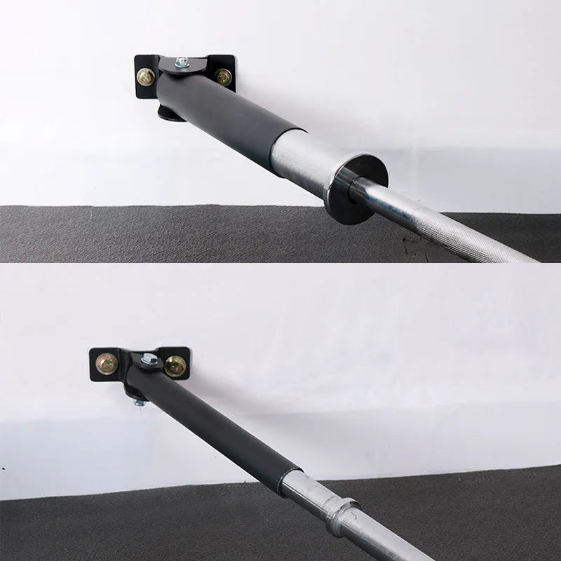Wall-mounted steel barbell storage rack with 25 vertical tubes.