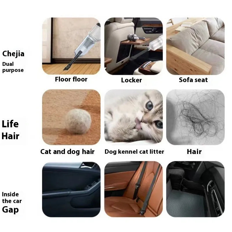 Black handheld car vacuum cleaner with USB charging port showing portable design