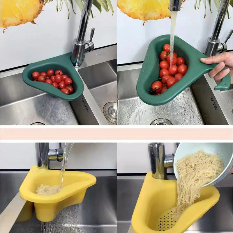 Colourful plastic hanging swan drainer for kitchen sink in yellow, orange, blue, and green