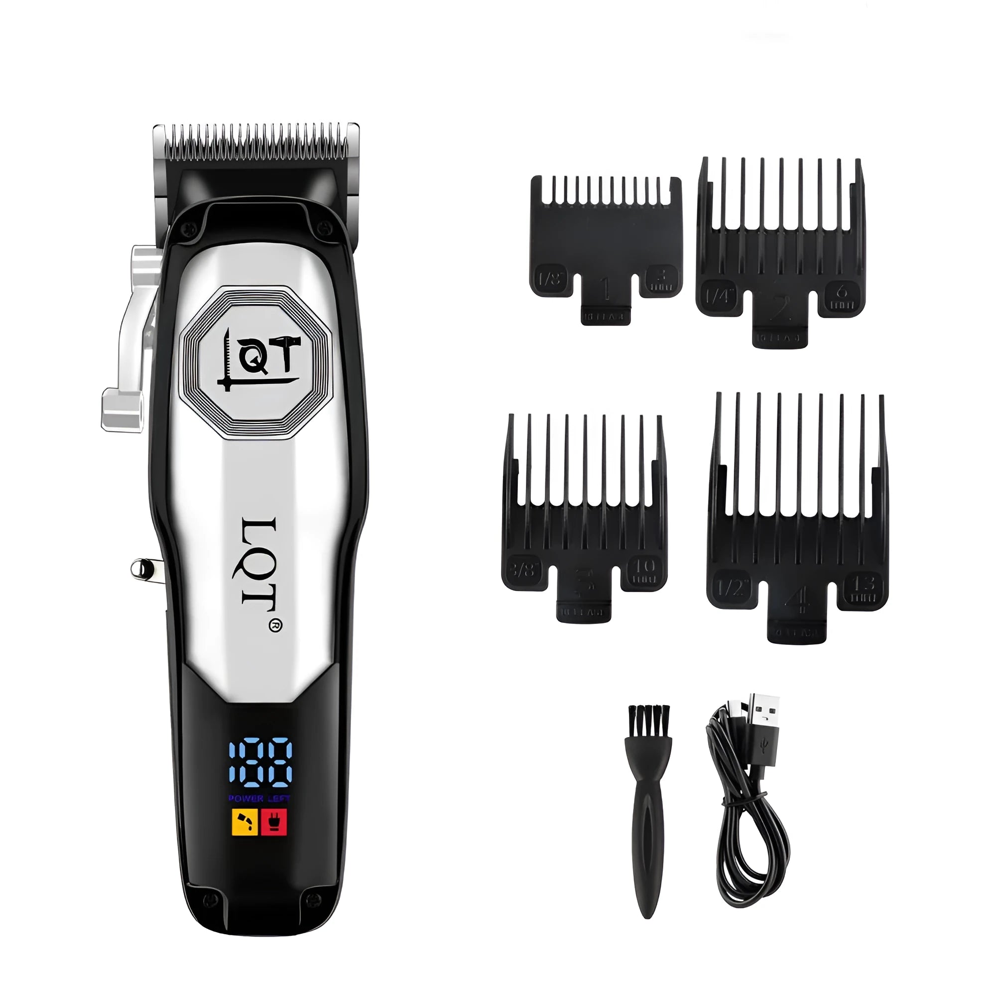 Rechargeable low noise electric hair clipper with washable blade in silver black gold colours