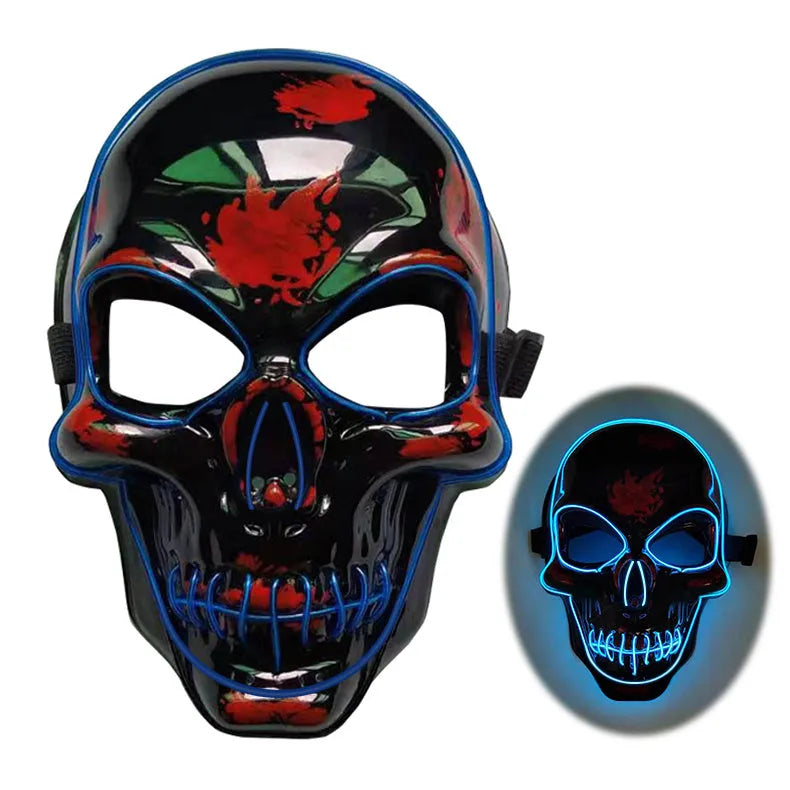 LED light-up plastic skeleton mask showing eyes, nose and mouth areas in blue colour with flashing lights
