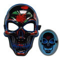 LED light-up plastic skeleton mask showing eyes, nose and mouth areas in blue colour with flashing lights