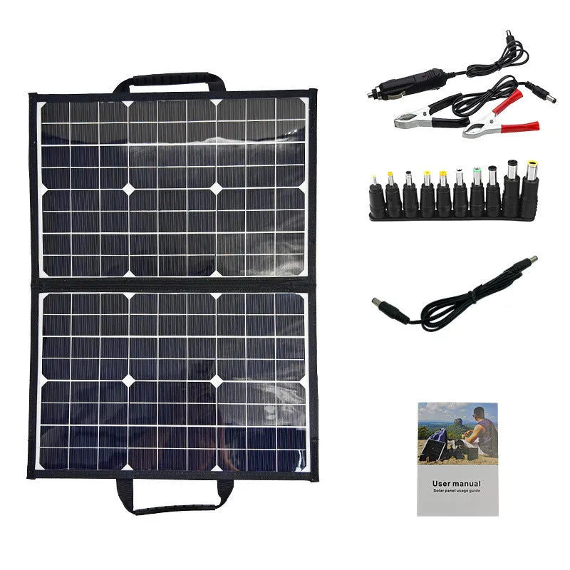 Black folding bag solar panel showing compact folded size, suitable for outdoor portable power.