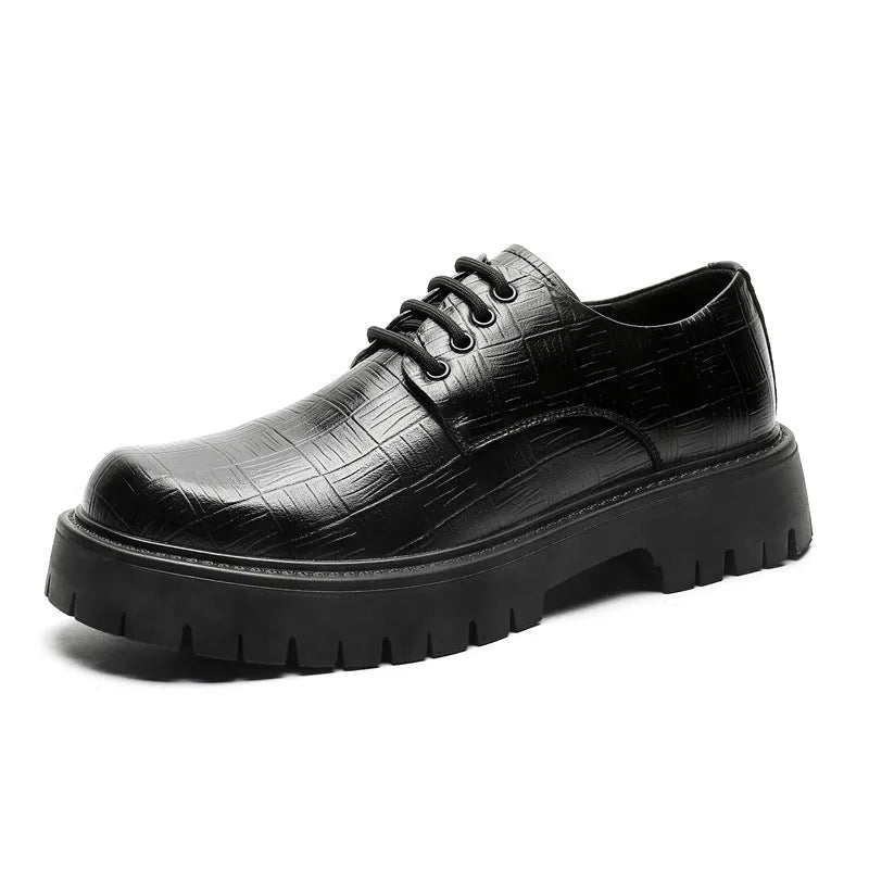 Black low top casual shoes with genuine leather upper, round toe, chunky heel and rubber sole.