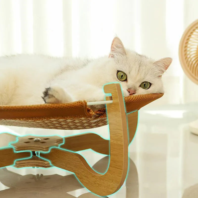 Brown woven rattan pet hammock measuring 46cm square with open weave design