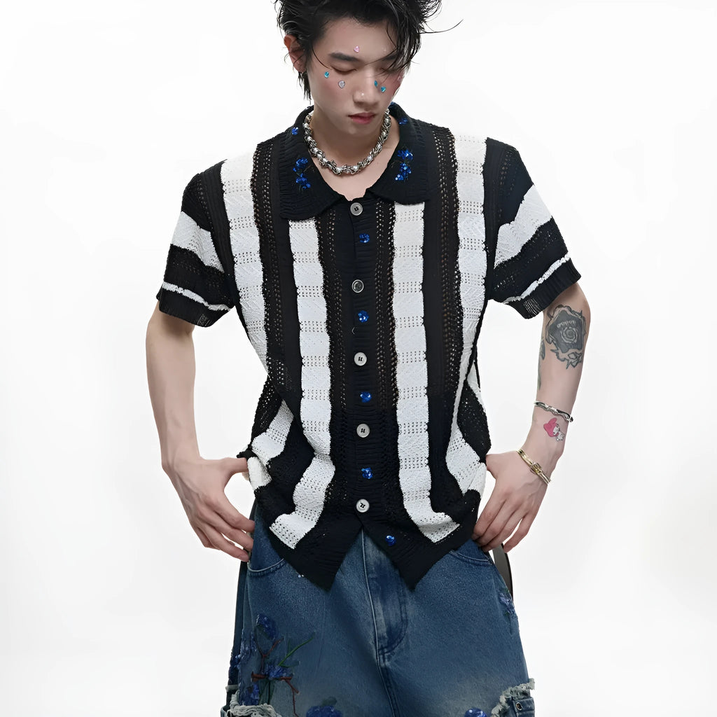 Men's patchwork striped retro knitted short sleeved shirt in loose fit design