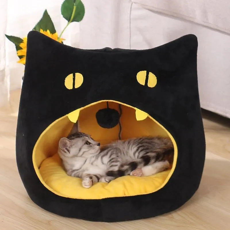 Soft plush covered cat-shaped pet bed with anti-slip bottom in multiple colour options