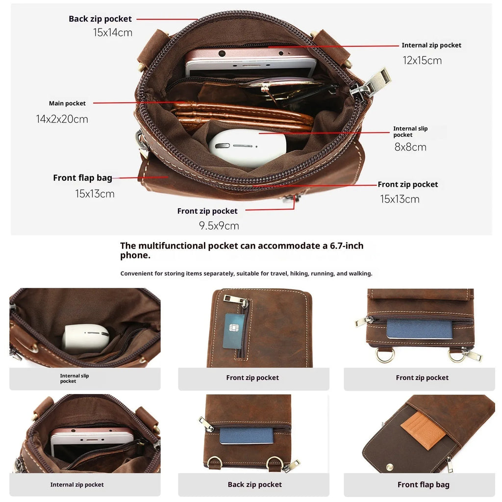 Retro first layer cowhide Crazy Horse leather crossbody bag in coffee colour, compact size for daily use