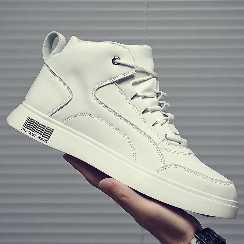 Men's white mid-top casual shoes with rubber soles and front lace-up design