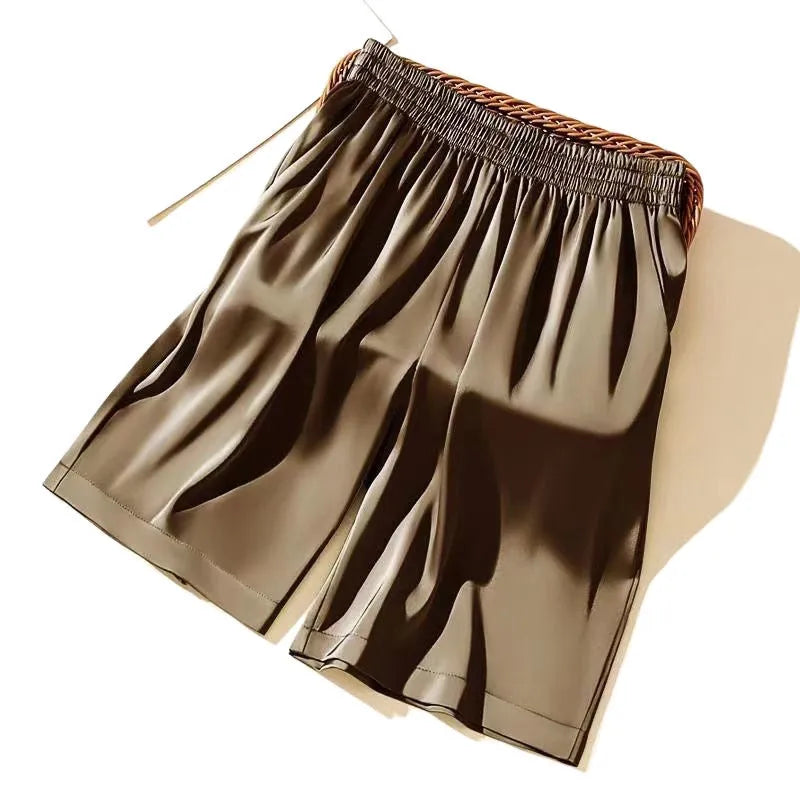 Men's wide-leg ice silk shorts in black with double-layer waistband and ankle banded style