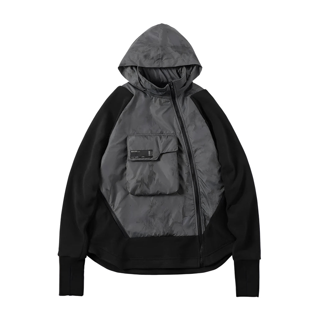 Men's black loose hooded fleece jacket with trend stitching, cotton material, available in sizes M to XXL.
