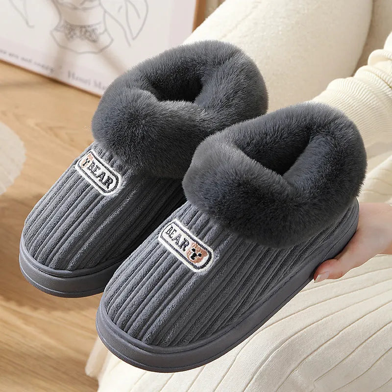 Winter warm house slippers with covered heel, cotton upper, artificial fur lining, and thick non-slip PVC sole in Coffee, Grey, Pink, and Wine Red.