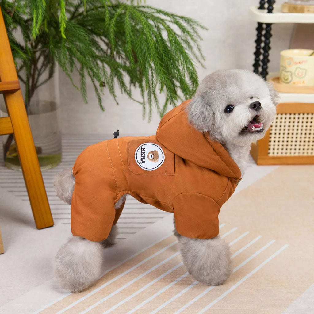 Casual polyester dog clothing in brown for autumn and winter wear, available in sizes S to XXL.