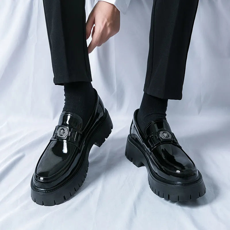 Men's glossy black PU leather loafers with a hidden low heel platform sole.