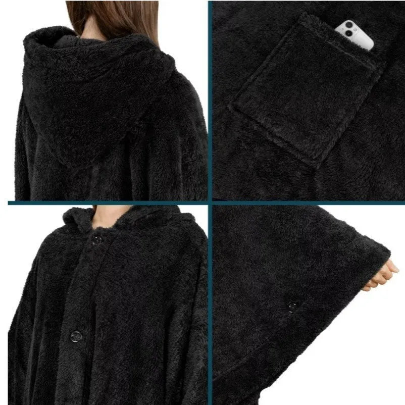 A thick free size hooded bathrobe in black, shown on a hanger.