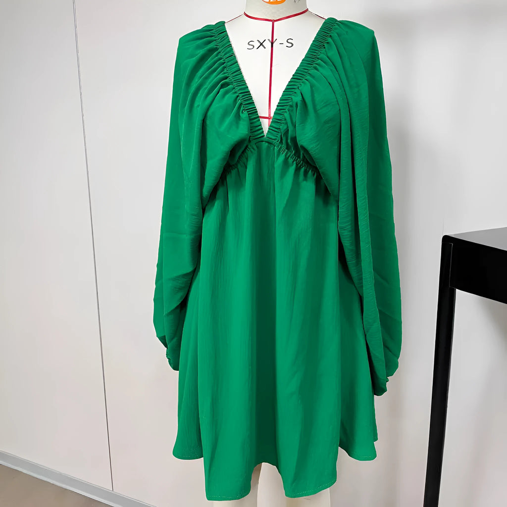 Women's V-neck dress with puff sleeves and flounced swing skirt in polyester fabric