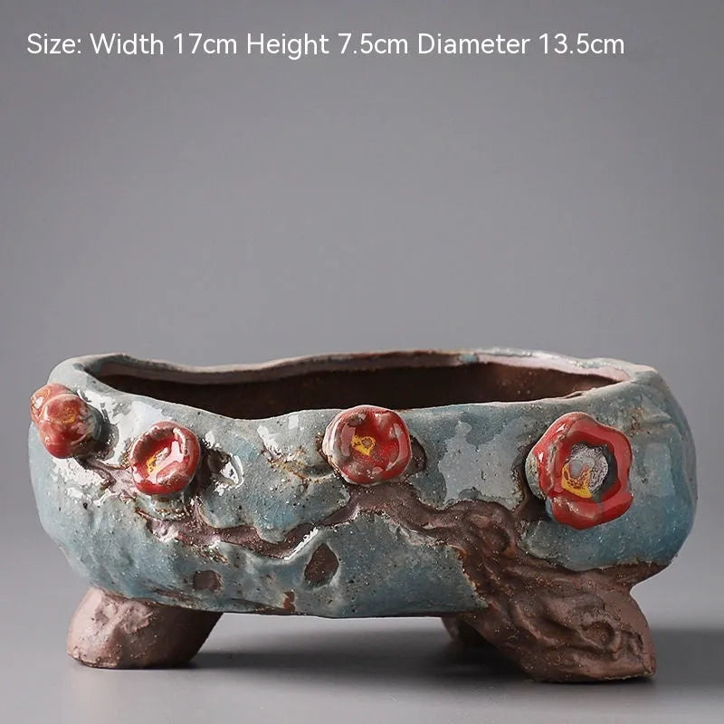 Hand-painted ceramic combination pot for meat plants and flowers with pastoral design
