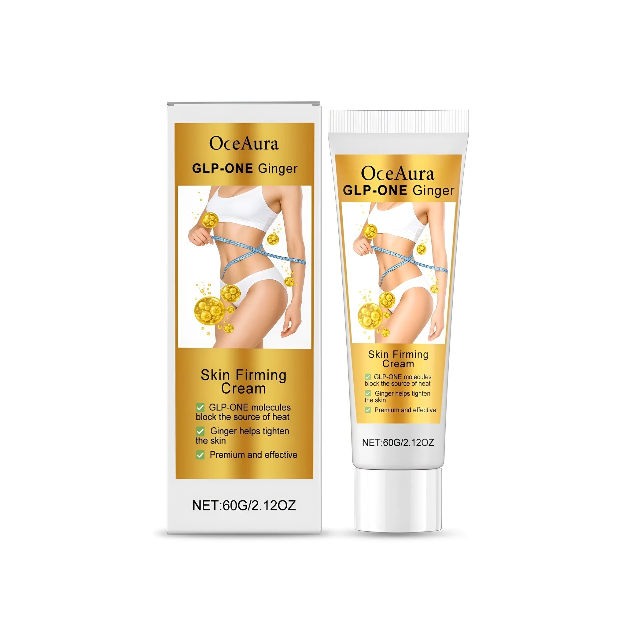 White pot of Glp-One Ginger Skin Firming Cream, 60g, with label showing ingredients ginger root oil and acetyl hexapeptide-8.