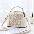 Women's PU cross-body shoulder bag with embroidery in horizontal square shape and external slit pocket