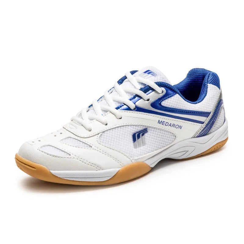 White and blue table tennis sneakers with lace-up front, round toe, and rubber sole.