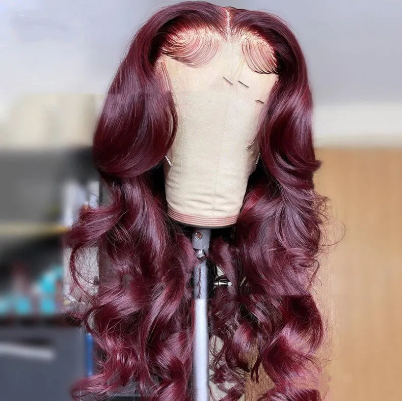 Front lace synthetic wig long curly wine red hair with medium points cap and long bangs