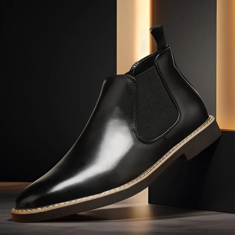 British style men's mid-calf boots in black with a flat square heel and leather toe holder.