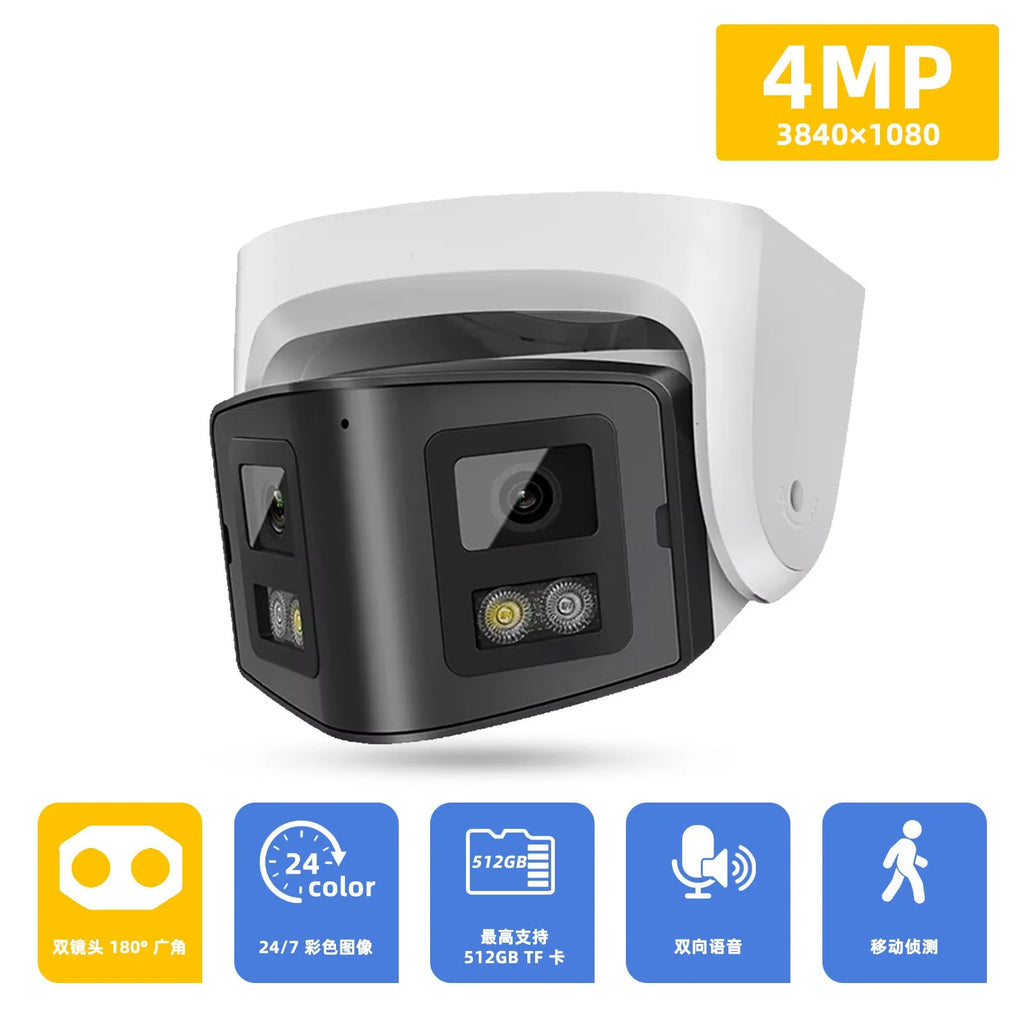 Dual-lens panoramic CCTV webcam with IP66 waterproof rating for indoor and outdoor security monitoring