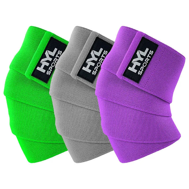 High elastic nylon knee pad in black with winding bandage design for weightlifting squat gym support