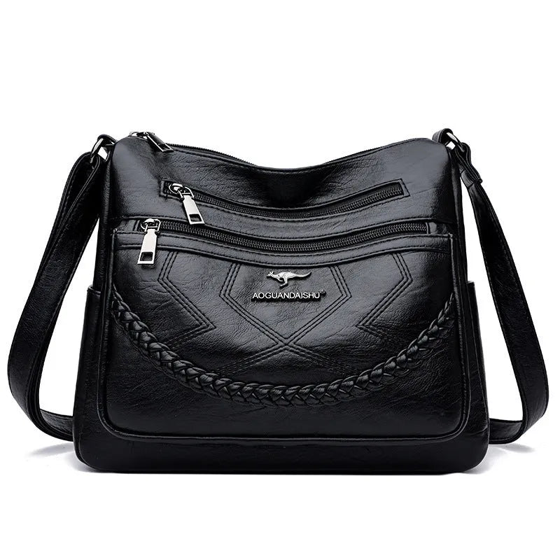 Soft black PU leather crossbody shoulder bag with a horizontal square shape and large capacity