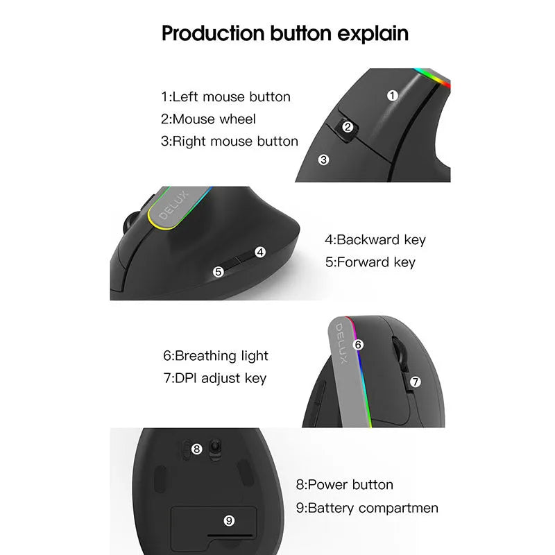 M618C vertical ergonomic wireless mouse in black or white with RGB lighting, shown from the side.