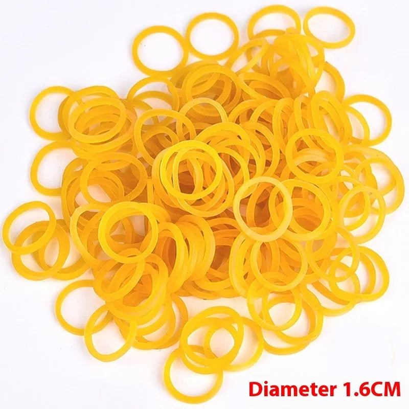 500g pack of yellow rubber bands showing multiple diameters from 16mm to 70mm