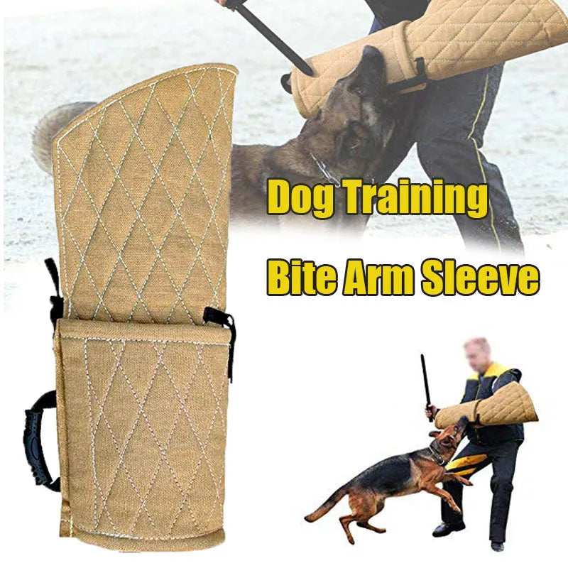 Jute dog bite training sleeve 65 x 28 cm with internal plastic handle, external foam handle, and black side hanging handle.