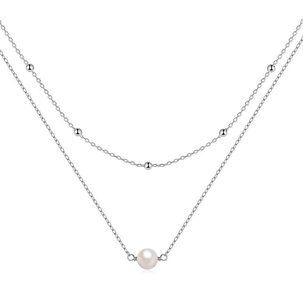 S925 sterling silver double layer necklace with twin pearl pendant in geometric design
