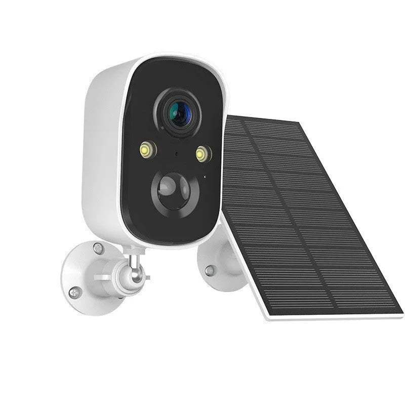 4G wireless security camera with plastic housing and optional solar panel for outdoor monitoring
