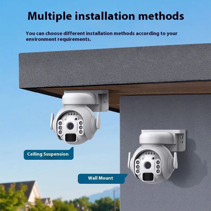 White solar security camera with solar panel and lens for outdoor wireless monitoring