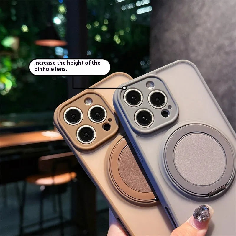 Frosted black phone case with integrated rotating magnetic bracket for IPhone 17 models on a table.