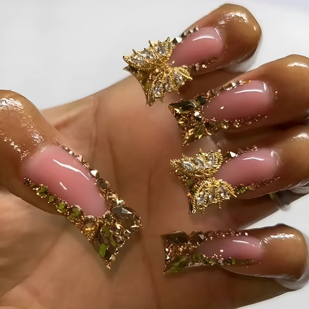 Butterfly design nail stickers in Golden Diamond pattern with jelly glue bottle.