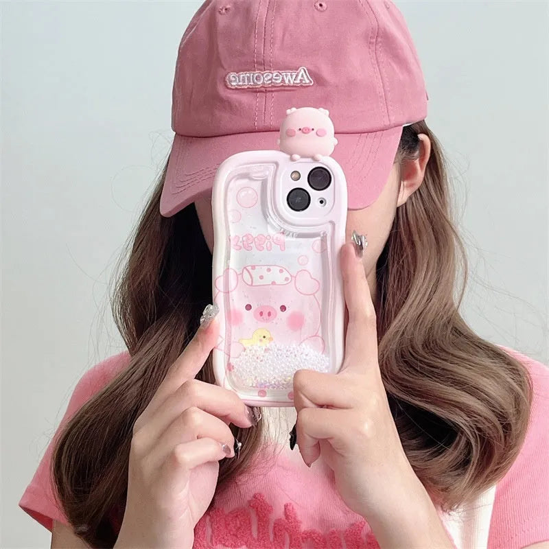 Pink lying pig quicksand phone case for iPhone with moving liquid inside water bag