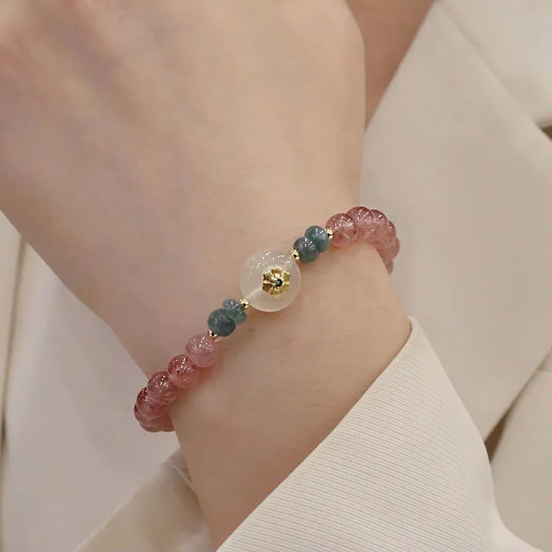 New Chinese style women's bracelet with strawberry quartz, blue water emerald pendant, geometric design