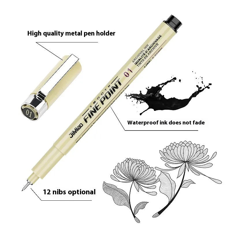 Waterproof syringe-style needle pen for drawing and illustration with black ink refill