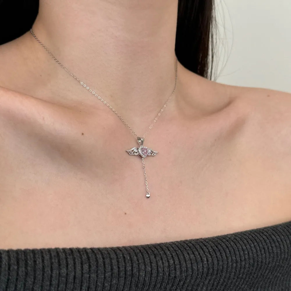 925 silver heart necklace with wings and tassel pendant, platinum colour, 26 x 36mm, for women